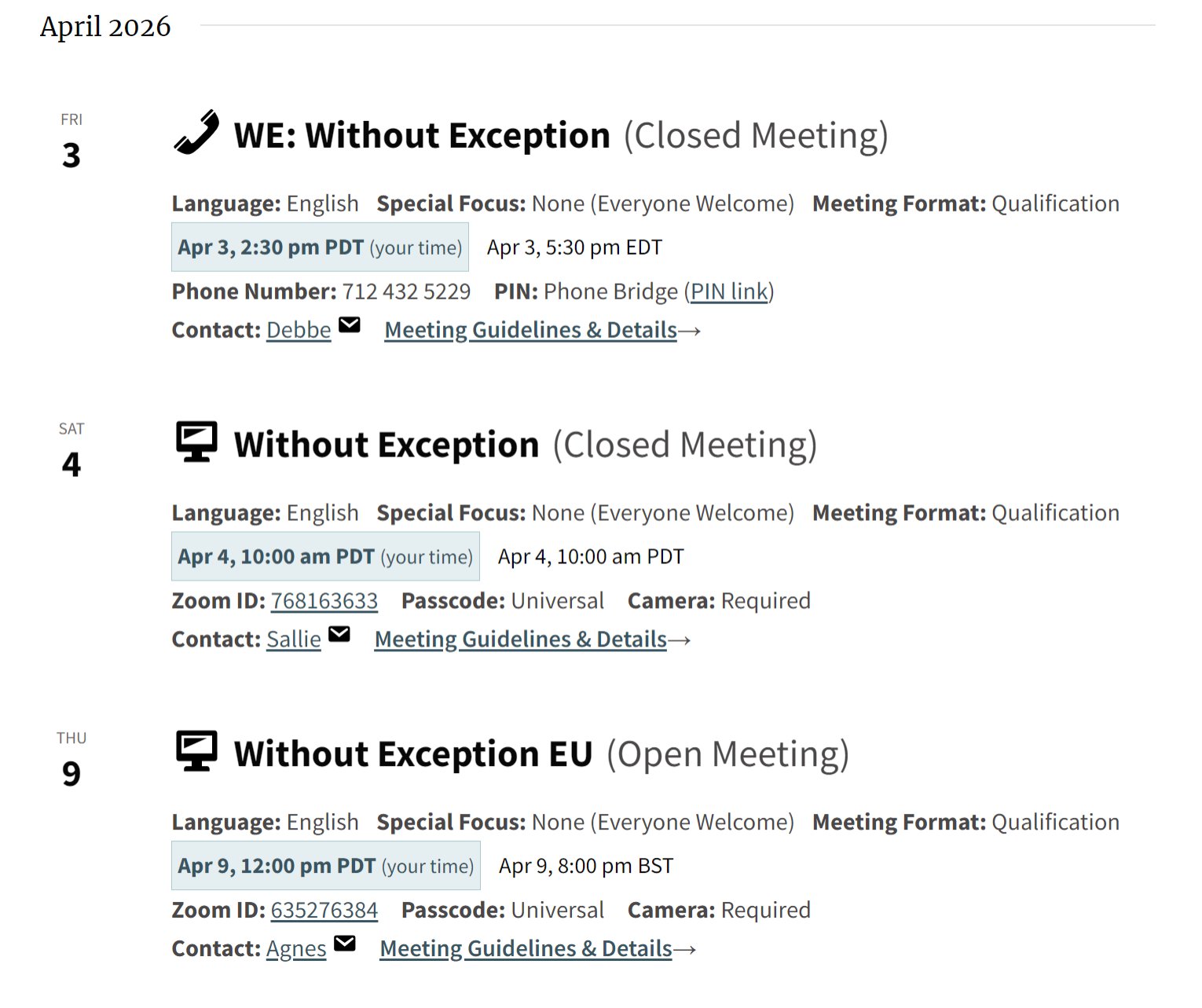 First three results for a search on "Without Exception."