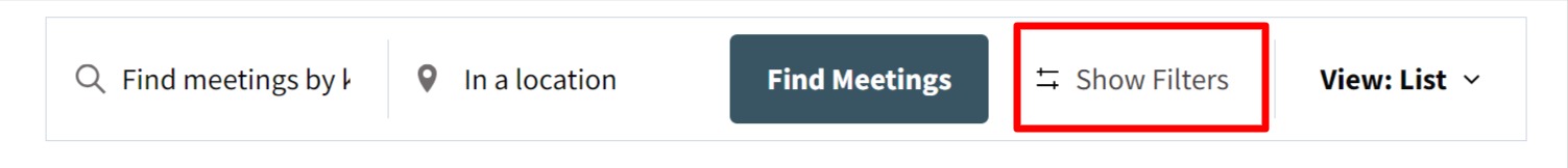 Meeting search/view bar with "show filters" button outlined.