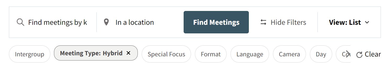 Filter bar with hybrid meeting type selected.